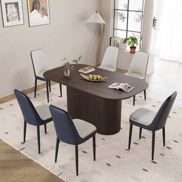 English Elm 63" Modern-Medieval 7-Piece Dining Set With Brown Mdf Table & Pu Chairs For Stylish Home Spaces W2189S00705