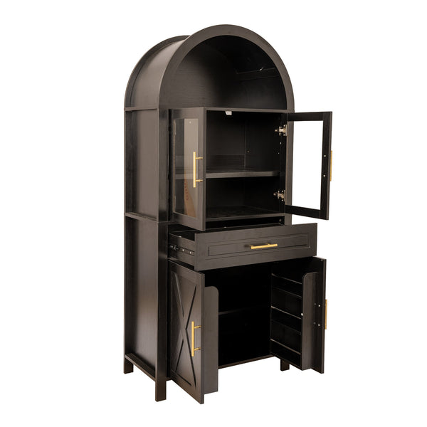 English Elm 71" Arched Glass Barn Door Pantry Cabinet Farmhouse Mdf Storage for Kitchen Dining Black W2917S00016