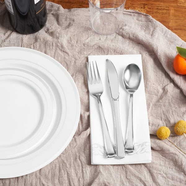 English Elm 700PCS Silver Plastic Dinnerware Set for 100 Guests — Durable Disposable Plates, Cups, Cutlery & Napkins for Events T3950P399708