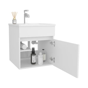 English Elm Primavera 18" Floating Bathroom Vanity with Dual-Door Cabinet & Two Shelves, Sleek White Space-Saver B200P335302