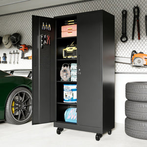 English Elm Heavy Steel Garage Cabinet with Pegboard Doors Locking Wheels and Adjustable Shelving T2398P465997