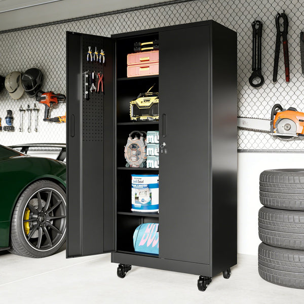 English Elm Heavy Steel Garage Cabinet with Pegboard Doors Locking Wheels and Adjustable Shelving T2398P465997