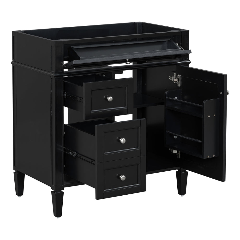 English Elm 30'' Modern Bathroom Vanity Cabinet with Roman Legs, 3 Drawers, Adjustable Shelf, Tip-Out Drawer, Durable MDF/Solid Wood Black N710P236988B