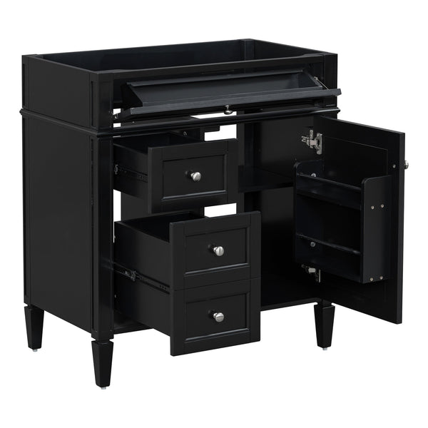 English Elm 30'' Modern Bathroom Vanity Cabinet with Roman Legs, 3 Drawers, Adjustable Shelf, Tip-Out Drawer, Durable MDF/Solid Wood Black N710P236988B