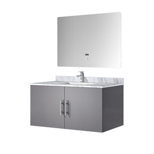 English Elm Dark Grey Bath Vanity Set With Carrara Marble Top, Chrome Faucet, And Led Mirror For Modern Spaces B2731S01309