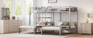 English Elm Metal Triple Bunk Bed Space-Saving Twin over Twin & Twin Design with Staircase Storage Shelves, Durable Metal Frame Silver GX001115AAN