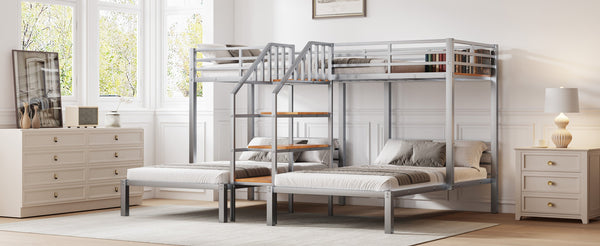 English Elm Metal Triple Bunk Bed Space-Saving Twin over Twin & Twin Design with Staircase Storage Shelves, Durable Metal Frame Silver GX001115AAN