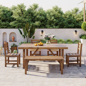 English Elm U_style Solid Acacia Six Piece Outdoor Dining Set for Patio Backyard Entertaining Natural Wood WY000472AAA