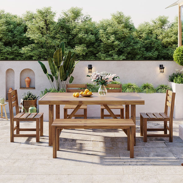 English Elm U_style Solid Acacia Six Piece Outdoor Dining Set for Patio Backyard Entertaining Natural Wood WY000472AAA