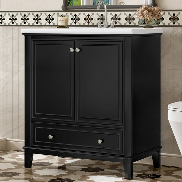 English Elm 30" Bathroom Vanity with Sink — Modern Freestanding 30" Cabinet with Ceramic Top, Drawer, Doors, Shelf Black N725P221263B