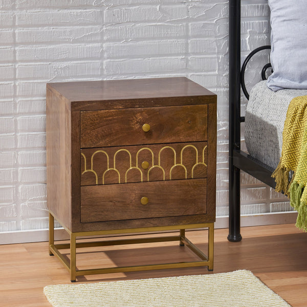 English Elm Christopher Knight Home® - NIGHT Mango Wood Nightstand Walnut with Gold Iron Legs, 3 Drawers, Mid-Century Modern Storage 68570.00