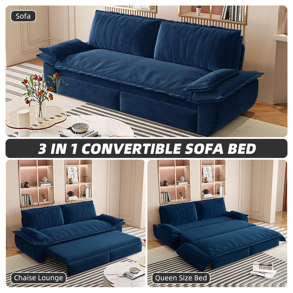 English Elm 73.2" Queen Pull Out Sofa Bed - Versatile 3-In-1 Velvet Sleeper Loveseat For Small Spaces, Blue W1885S00199