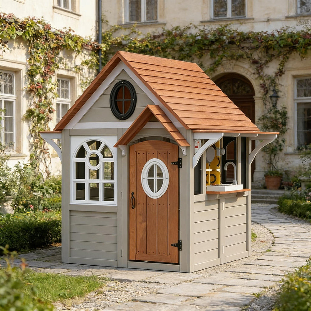 English Elm Comfortable Solid Fir Wood Outdoor Playhouse with Stove Blackboard and Doorbell T3971P491789