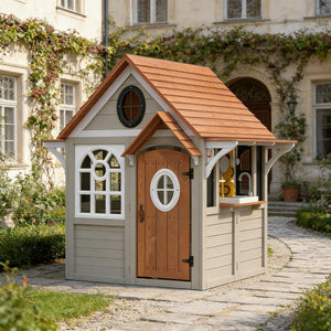 English Elm Comfortable Solid Fir Wood Outdoor Playhouse with Stove Blackboard and Doorbell T3971P491789