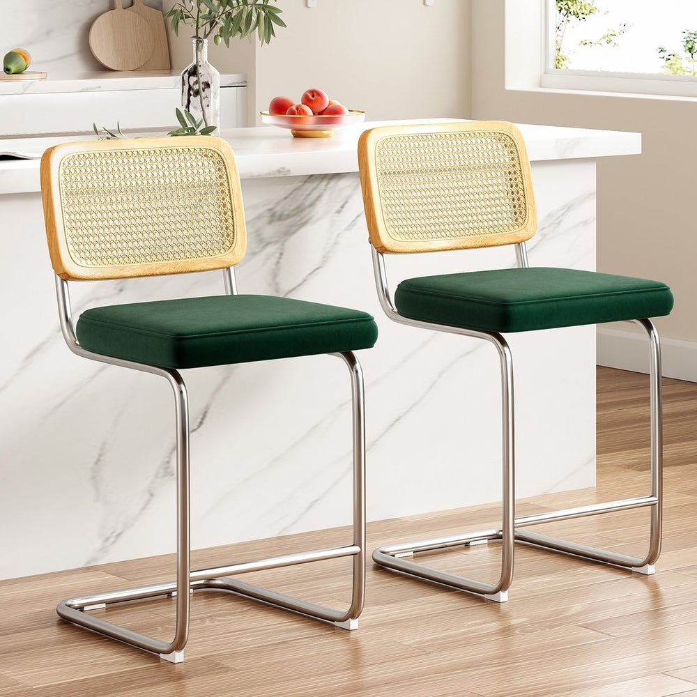 English Elm Farini Velvet Counter Height Bar Stools Set of 2 with Rattan Back, Cantilever Comfort & Floor Protectors Dark Green T3623P354964