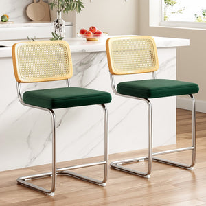 English Elm Farini Velvet Counter Height Bar Stools Set of 2 with Rattan Back, Cantilever Comfort & Floor Protectors Dark Green T3623P354964