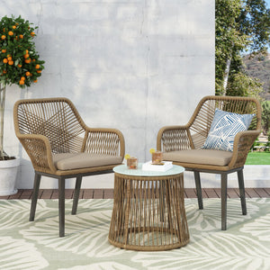 English Elm Christopher Knight Home® - RUSSELL Light Brown PE Rattan Chat Set with Water-Resistant Cushions, Tempered Glass Side Table 71356.00LBRN