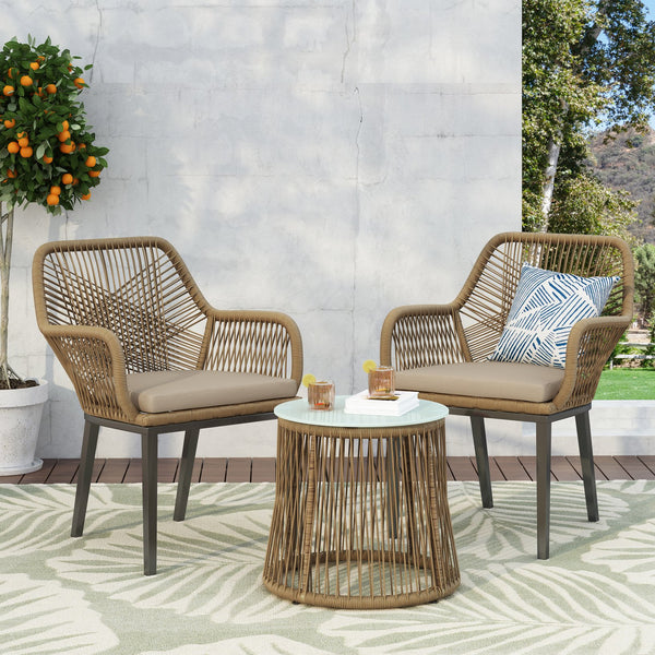 English Elm Christopher Knight Home® - RUSSELL Light Brown PE Rattan Chat Set with Water-Resistant Cushions, Tempered Glass Side Table 71356.00LBRN