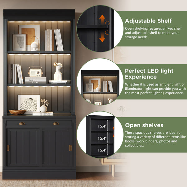 English Elm 83.4"tall Two-piece Bookcase Suite with Led Shelves Tempered Glass Doors Matte Black N751S059621B