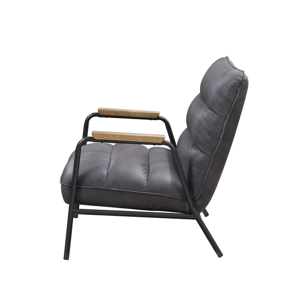 English Elm Grey Top Grain Leather Accent Chair with Full Foam Seat, Metal Frame, Matt Iron Legs, Modern Luxury B062P209158