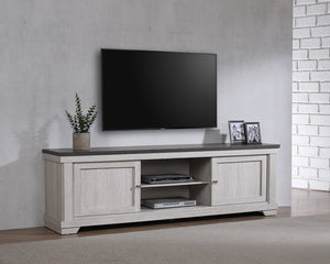 English Elm 1pc Contemporary Entertainment Console TV Stand 71" Weathered Wood with Sliding Doors & Cable Management B2741P295497
