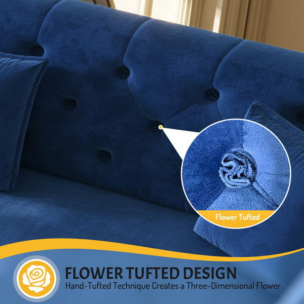 English Elm 100" Oversized Velvet Sleeper Sofa with Floral Tufted Cushions for Living Room Blue W1885S00303