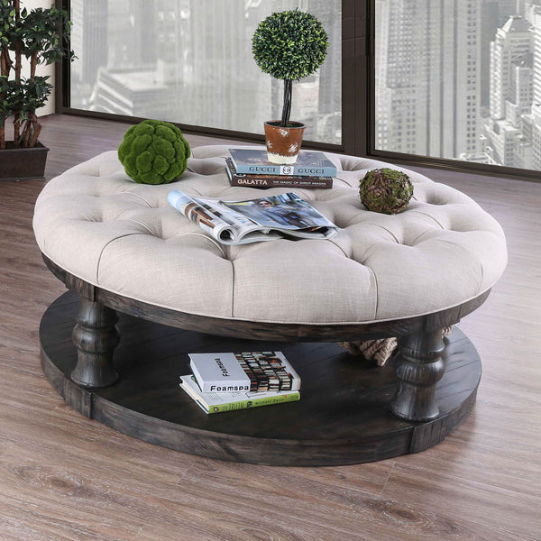 English Elm Rustic Round Wooden Coffee Table 48" Dia x 20" H with Weathered Finish, Turned Legs, Open Shelf and Button-Tufted Beige Linen Top Antique Grey 51 L x 51 W x 13 H B2741P357495