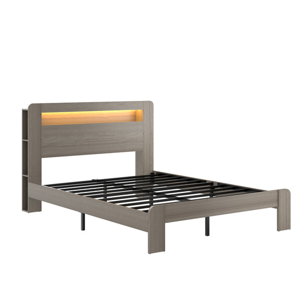 English Elm Bed Queen Platform Frame with Led Headboard Usb Charging Wood Slats Dark Grey W636P400540