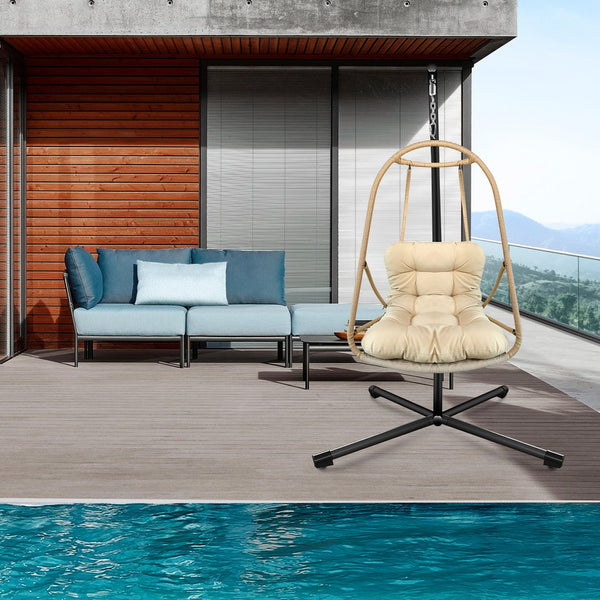 English Elm Swing Egg Chair with Stand - Foldable Rattan Hanging Basket Seat, Cushioned Comfort, Cup Holder Beige+Brown W2707P388617