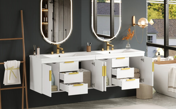 English Elm 72'' Wall Mounted Bathroom Vanity with 4 Drawers & Double Cabinets, Waterproof MDF, Smooth Slide Rails White N710SS00009K