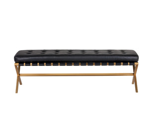 Sunpan Kenji Bench - Elegant Trestle Style with Brushed Gold Finish and Button Tufted Faux Leather Seat Small