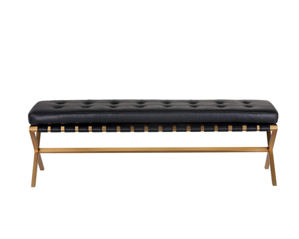 Sunpan Kenji Bench - Elegant Trestle Style with Brushed Gold Finish and Button Tufted Faux Leather Seat Small