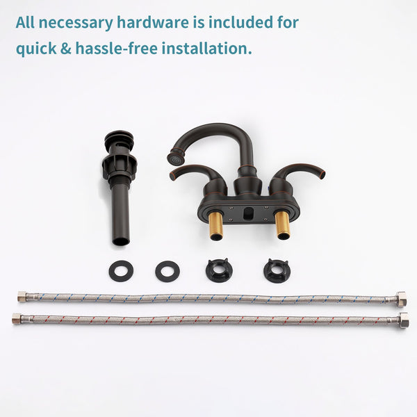 English Elm Oil Rubbed 2-Handle Crescent Moon Bathroom Faucet 4" Centerset with 360° Swivel, Pop-Up Drain & Hoses T3177P277488