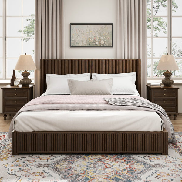 English Elm Solid Rubberwood Queen Platform Bed Low Profile Grain Veneer Frame No Box Spring W1716S00041