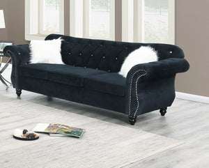 English Elm Formal Velvet Tufted Sofa with Silver Nailhead Trim and Rolled Arms — Elegant 93"L Living Room Statement piece Black 34 L x 34 W x 16 H B011S01696