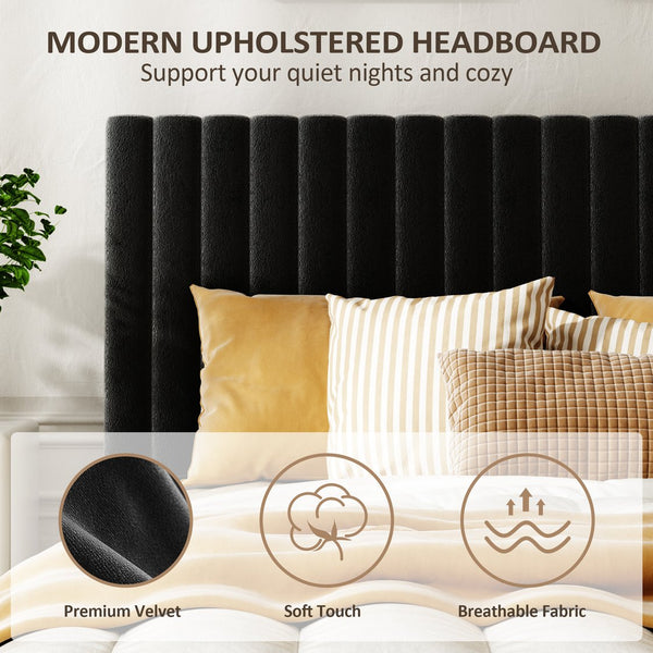 English Elm Queen Velvet Tufted Platform Bed Adjustable Headboard Steel Frame No Box Spring Black W5239P502686