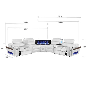 English Elm Nova Tech Sectional with Led Bar Bluetooth Speakers Power Recliners and Freezer Console White B009S02171