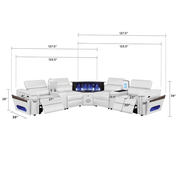 English Elm Nova Tech Sectional with Led Bar Bluetooth Speakers Power Recliners and Freezer Console White B009S02171