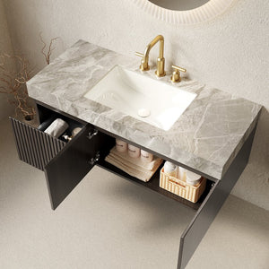 English Elm Muri Floating Bathroom Vanity Plywood Cabinet Sintered Stone Top Espresso Woodgrain W2615S00597