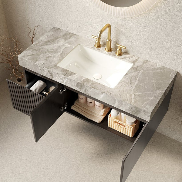 English Elm Muri Floating Bathroom Vanity Plywood Cabinet Sintered Stone Top Espresso Woodgrain W2615S00597