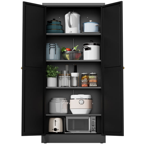 English Elm 61" Matte Black Steel Freestanding Pantry Cabinet with 4 Adjustable Shelves Modern Farmhouse T2398P465983