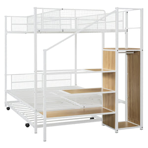 English Elm Twin Metal Bunk Bed with Trundle, Lateral Storage Ladder & Wardrobe | Space-Saving Durable Design White SF000173AAK