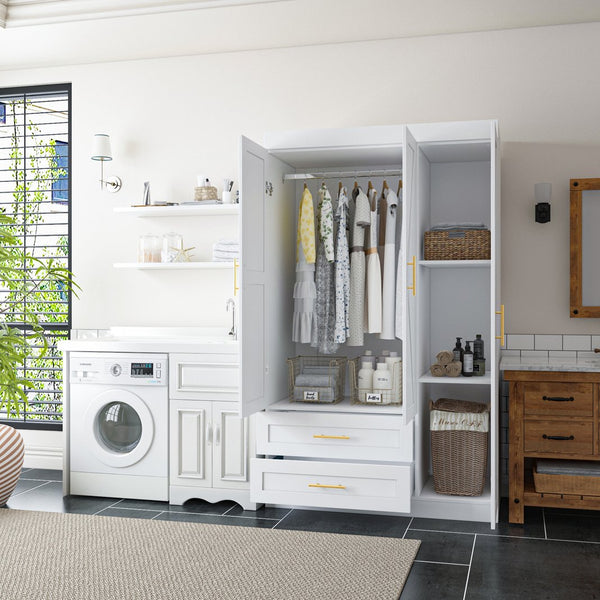 English Elm Shaker Three Door Wardrobe Armoire with Hanging Rod and Shelves for Bedroom White T3210S00005