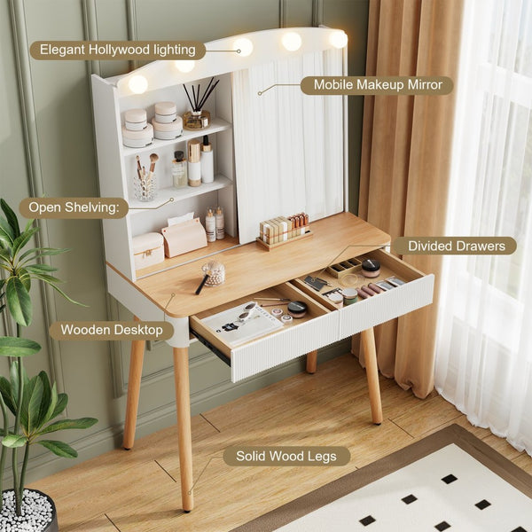 English Elm Small Vanity Desk With Sliding Mirror & Led Lights, Compact Makeup Table With Ample Storage Solutions W3767P360383-GIGA