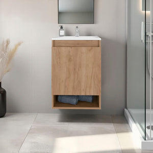 English Elm Wright Compact Wall-Mounted Bathroom Vanity with Integrated Sink, 2 Doors, Open Shelf, Oak Finish B128S00193