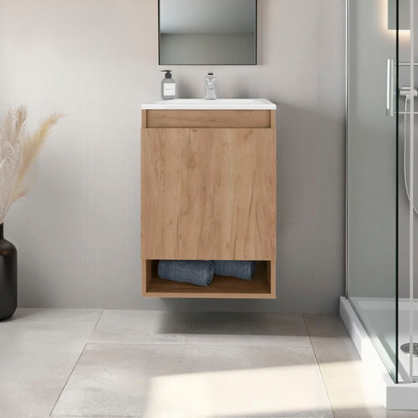 English Elm Wright Compact Wall-Mounted Bathroom Vanity with Integrated Sink, 2 Doors, Open Shelf, Oak Finish B128S00193