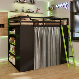 English Elm Full Size Wood Loft Bed with Wardrobe Desk Shelves Rgb Lighting and Blackout Curtains Black+Green LT000269AAF-1