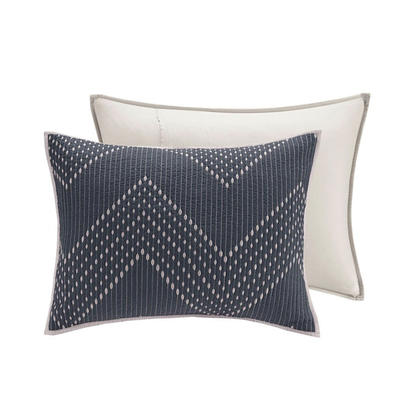 English Elm 3 Pomona Embroidered Cotton Quilt Set Navy King/Cal King – Chevron Taupe Reverse, Antimicrobial, Cozy Modern Bedding B03596540