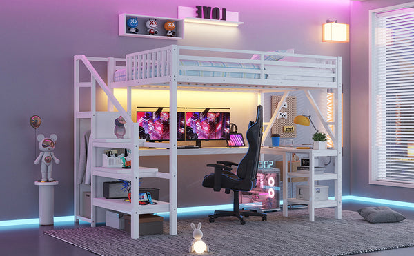 English Elm Metal Full Loft Bed with L Shaped Desk Wardrobe Rgb Lighting and Usb Charging White W2593S00054