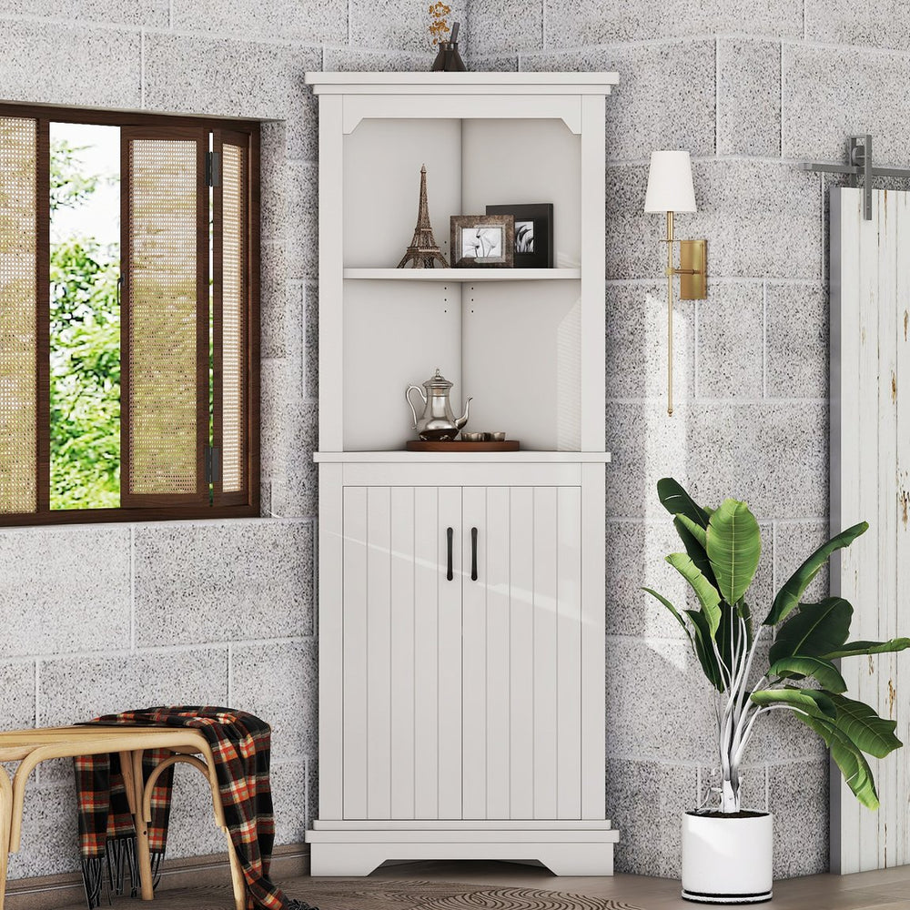 English Elm Tall Corner Cabinet White Mdf Open Shelves Closed Storage for Any Room W1580P414889